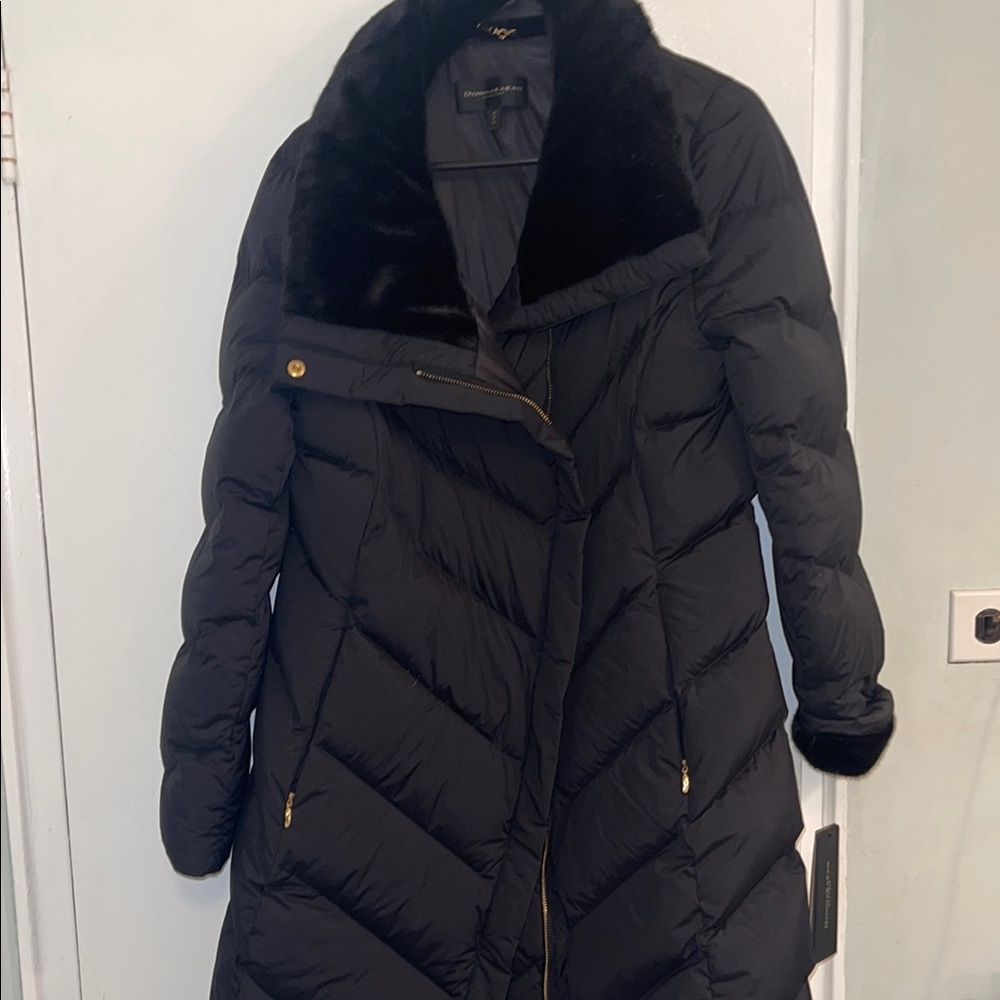 NWT Donna Karan Black Long Down Puffer Coat with Fur